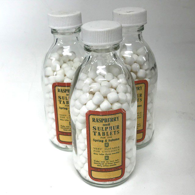 BOTTLE, Medical Brown Glass 15cmH - Raspberry and Sulphur Tablets Label